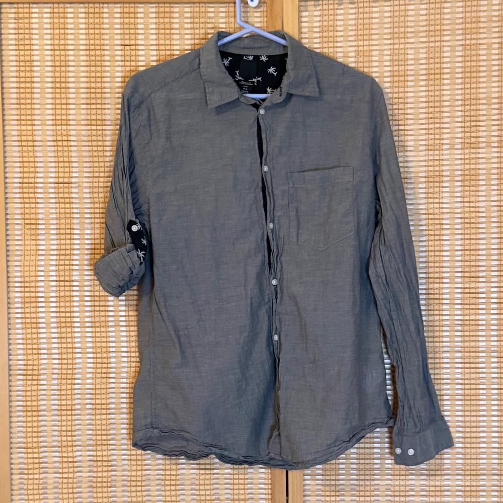 HM Mens M Grey Cotton Button Down Shirt  Roll Tab Sleeve Streetwear Preppy Skate